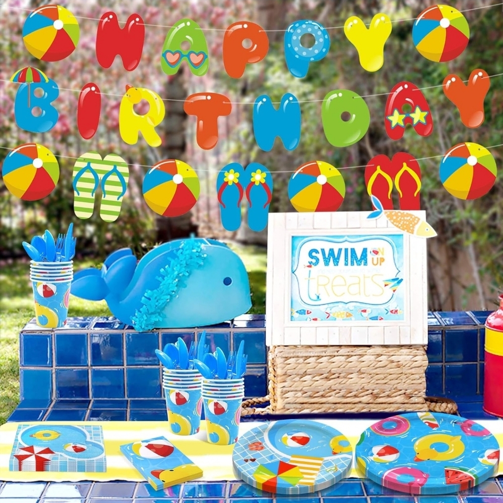 Pool Party Birthday Supplies Set 20 Guests Birthday Banner Table Cover Swim‎ - Picture 2 of 7